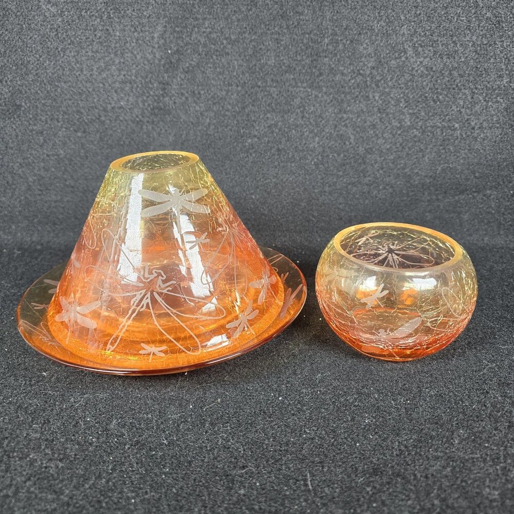 Set of 3 Yankee Candle Orange Dragonfly Sandblast Candle Holder, Tray and Shade